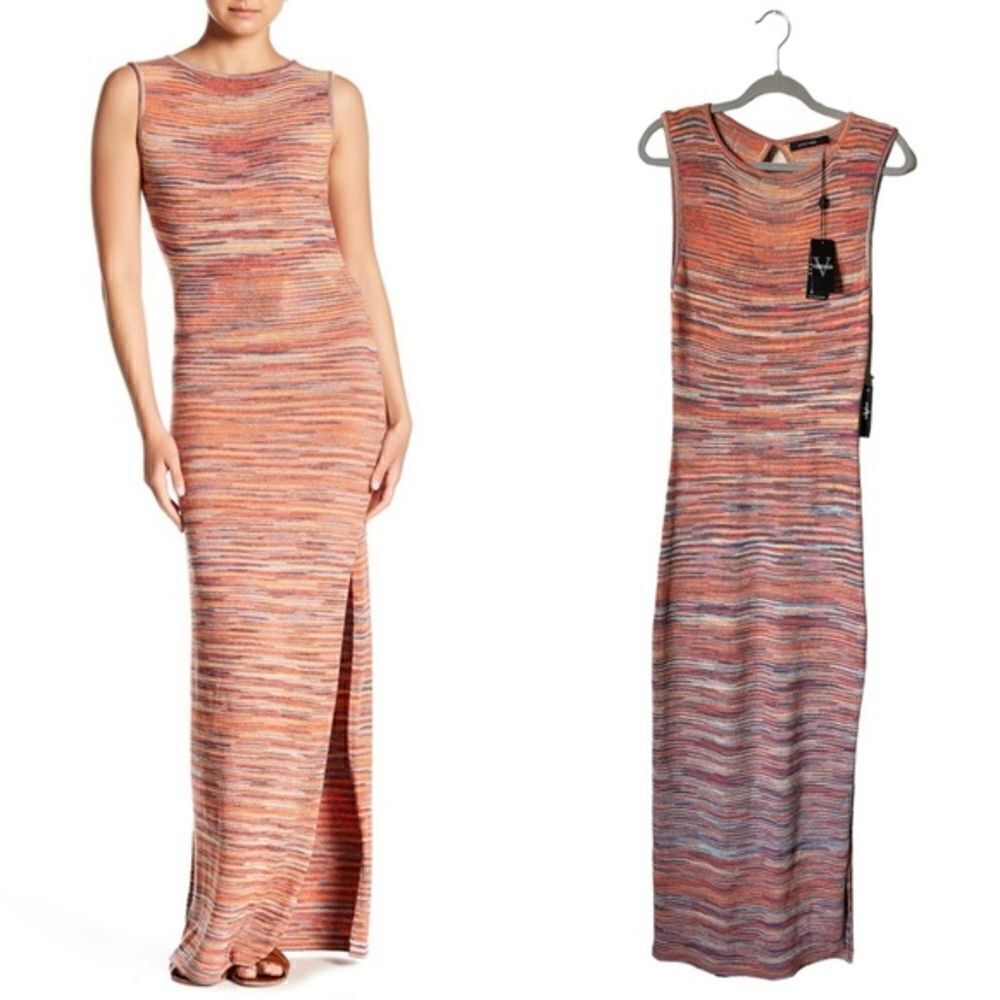 Nwt Vertigo Knit Maxi Orange Pink Sweater Dress Bodycon Size L